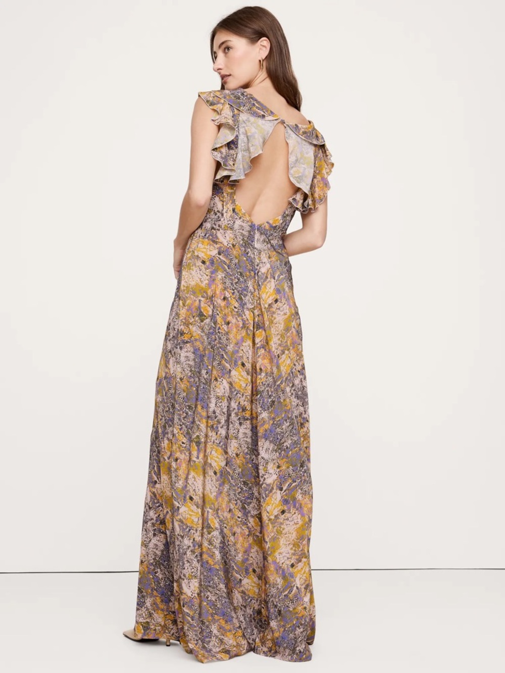 NWT! BANANA REPUBLIC PASTEL PAINT SPLATTER MATTE SILK OPEN-BACK MAXI DRESS Sz 2